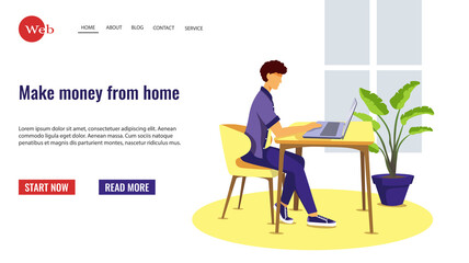 Web page template with man working at home. Work at home, freelance, home office, online job concept. Vector illustration for website development, banner and poster.