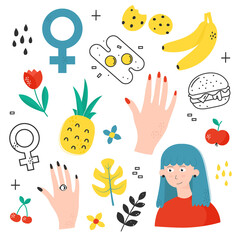 Modern youth set stickers and design elements isolated on white. Girly, stylish and fresh vector. Girl, fruits, hands. Suitable for poster, postcard, social networks. Doodle collection.