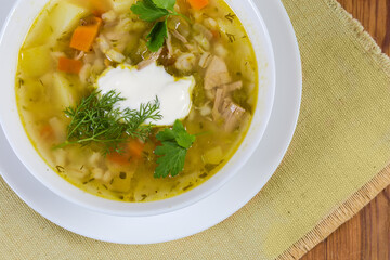 Top view of rassolnik portion seasoned with sour cream, fragment