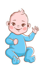 Cute baby boy. Infant smiling toddler in blue clothes sitting and waving his hand. Happy newborn child vector illustration on white background