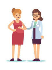 Doctor and pregnant woman. Young female character talking with physician in hospital, medical examination in clinic. Pregnancy medicine concept, vector cartoon illustration