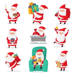 Cute santa. Christmas santa clauses with funny emotions and new year gifts for children, festive happy characters, flat vector cartoon isolated set