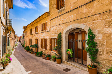 Street with potted plants in Alcudia on Mallorca, Spain