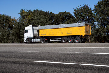 truck on the road, side view, empty space on a yellow container - concept of cargo transportation, trucking industry