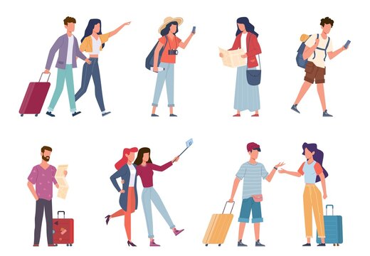 Tourists. Seasonal recreation, travelling people with baggage, backpacks, bags and suitcases, vacation families and couple taking photo, travelers on excursion, in airport vector characters