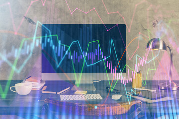 Multi exposure of forex chart and work space with computer. Concept of international online trading.