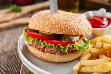 Closeup on classic american burger set with fries 