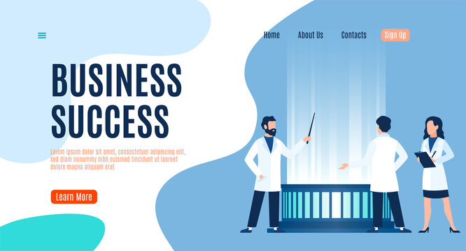 Business success landing page, men and woman in uniform teamwork presentation new idea, analysis strategy and planning system, mobile app or web banner vector flat template