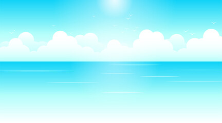 Blue sea wave with white clouds cartoon clear sky and soft sunlight having a good atmosphere background landscape vector design