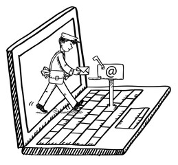 Cartoon style black and white doodle of notebook with mailman delivering mail. Hand drawn doodle vector illustration
