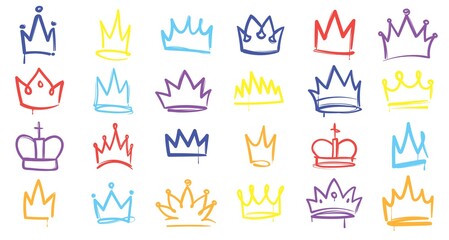 King sketch crown. Color elegant queen, princess and prince crowns. Monarch majestic jewel tiara, beautiful diadem, royal imperial coronation symbols. Vector isolated multicolored icons