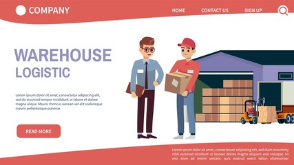 Landing page concept with theme warehouse and logistics. Logistic transportation and forklift, truck delivery loader with boxes, warehouse workers flat cartoon characters