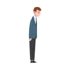 Obraz premium Side View of Sad Businessman, Depressed Unhappy Male Office Worker Character in Suit, Tired or Exhausted Manager Vector Illustration