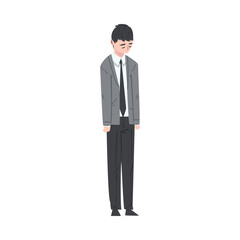 Stressed Businessman Standing with his Head Bowed, Depressed Unhappy Male Office Worker Character in Suit, Tired or Exhausted Manager Vector Illustration