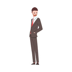 Sad Businessman Standing with his Hands in Pockets, Depressed Unhappy Male Office Worker Character in Suit, Tired or Exhausted Manager Vector Illustration