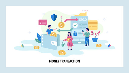 Secure money transaction concept illustration. Mobile app to digital wallet money transfer. Vector web site design template. Cashback, bank pay, financial management