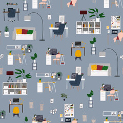 Home office work space flat seamless pattern. Indoor plants and stylish furniture texture background.