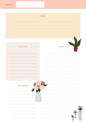 Monthly planneer sheet template with cartoon flat indoor plants.