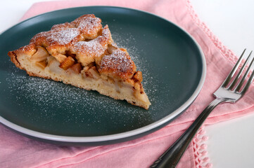 Piece of pear pie, home made bakery, freesh dessert. Autumn fall recipe.