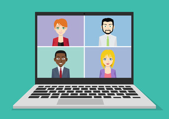 Four people having video conversacion. Flat design style vector illustration.