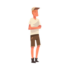 Male Tourist Standing with Folded Hands, African Safari Travel, Cartoon Vector Illustration on White Background