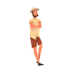 Male Tourist Wearing Safari Outfit Standing with Folded Hands, Travel to Africa, View from Behind Cartoon Vector Illustration on White Background