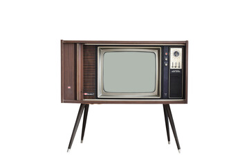 Old vintage TV isolated on white background. Classic television with wood case. Object with clipping path