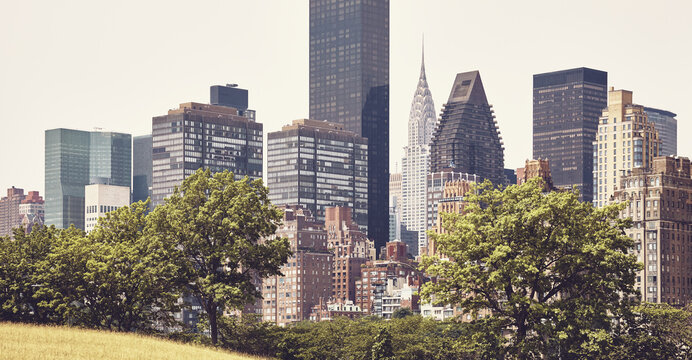 Manhattan East Side seen from Roosevelt Island, color toned picture, New York City, USA.