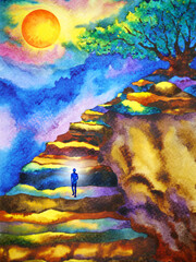 mind spiritual human meditation on mountain abstract art watercolor painting illustration design drawing
