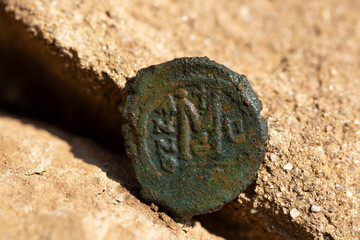 Byzantine copper coins from the reign of Emperor Justinian 1. Excavations of the winery in the ancient fortress of the 5th century in the town of Byala. Follis.