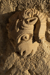 The sculpture is made of limestone. The head of aries. Decorative element of an ancient Greek building. 5th century.