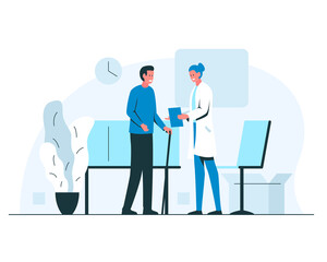 Man with a walking stick at the doctor's appointment. Vector concept illustration of a standing smiling man and female doctor with a perscription consulting him. Interior of a consulting room