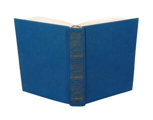 There is a open blue book with a blank cover. White background. Isolated.