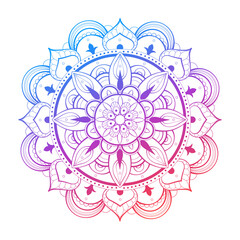 Round gradient mandala vector. Traditional oriental ornament with a concentric gradient. Vector element for applying to objects for yoga, meditation, spiritual practices.