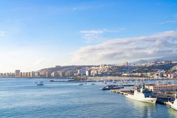 Morning in the harbor at the cruise terminal with a view of the city of Gran Canaria, Spain, December 22, 2019