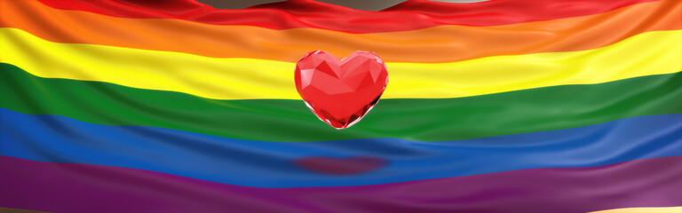 LGBT flag or Rainbow pride flag on Background with Red Heart 3d Icon. Equality Concept. 3D Illustration