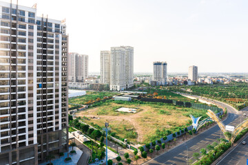 Modern residential buildings in large area. Architectural details of modern apartment buildings