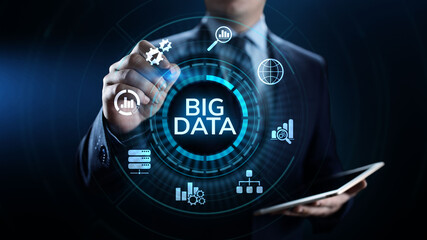 Big data analytics technology internet technology concept. Businessman pressing button on virtual screen.