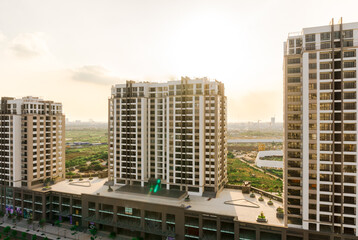Fototapeta premium Modern residential buildings in large area. Architectural details of modern apartment buildings