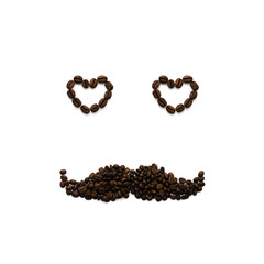 Image of a smiley face from the eyes of hearts with a hipster mustache made of many coffee beans