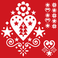 Christmas Scandinavian folk art vector design set - single patterns collection with hearts, flowers, snowflakes and Christmas trees
