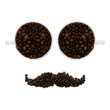 Image of a smiley face from the eyes of cups with a hipster mustache made of many coffee beans