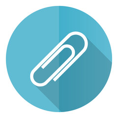 Paperclip vector icon, flat design blue round web button isolated on white background