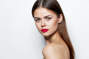 Fototapeta premium Attractive woman Nude shoulders attractive look red lips model skin care 