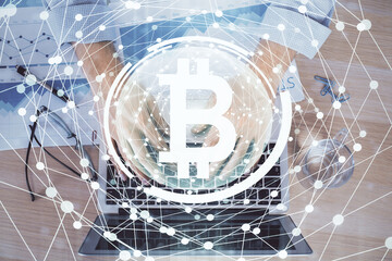 Blockchain theme hud with man working on computer on background. Concept of crypto chain. Double exposure.