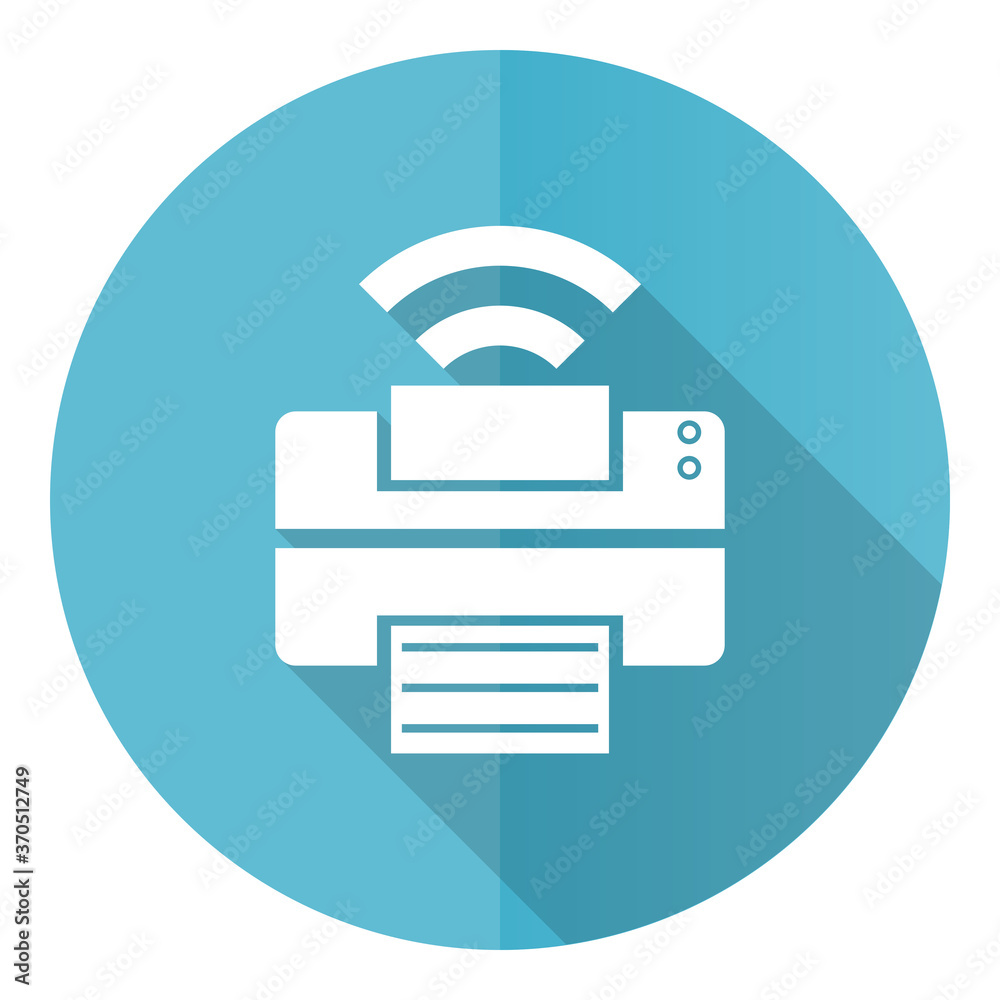 Aufkleber printer vector icon, flat design blue round web button isolated on white background