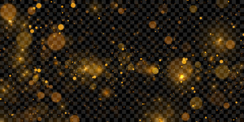 Gold bokeh, glowing light effect on dark transparent background	