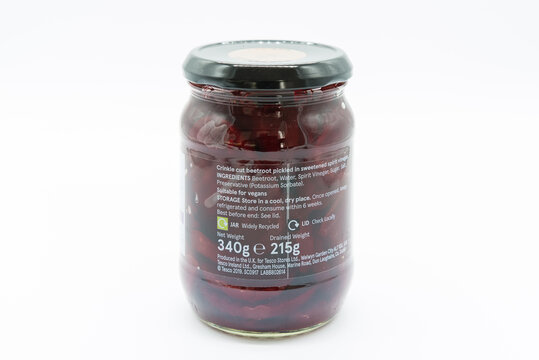 Irvine, Scotland, UK - August 08, 2020: Tesco Branded Sweet Pickled Crinkle Cut Beetroot In Glass Jar And Metal Lid