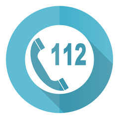 Emergency call vector icon, flat design blue round web button isolated on white background