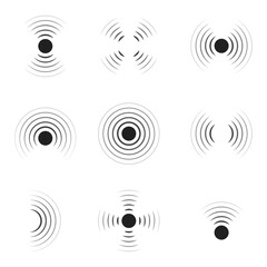 Wave sonar. Radar with signal. Icon of pulse. Concentric sound circle. High sonic frequency with vibration in air. Noise and energy from speaker. Symbol of radio, military protection and scan. Vector - obrazy, fototapety, plakaty